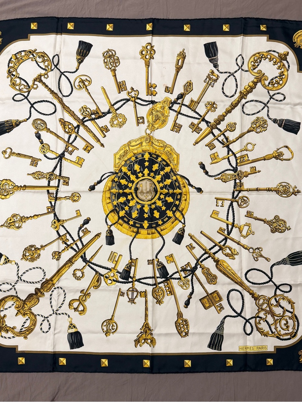 Hermes Gold, Black & White Silk Scarf with Key Motif